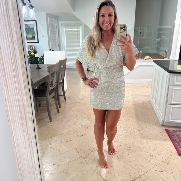 Saylor Tory Silver Short Sleeve Silver Sequin Mini Dress XSmall NWT - Picture 6 of 16